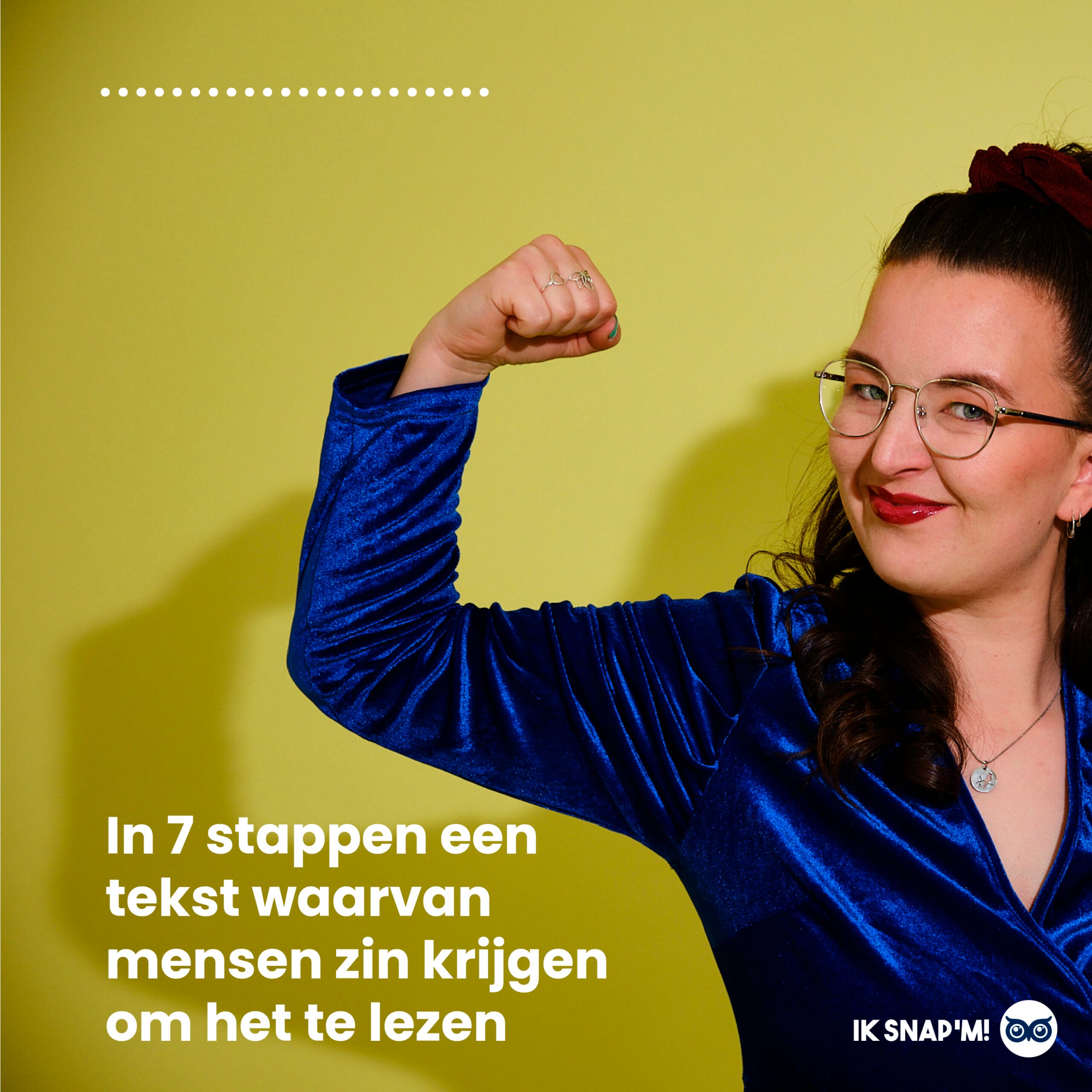Tekst: in 7 stappen tekst die mensen willen lezen. Op de achtergrond een foto van Marieke