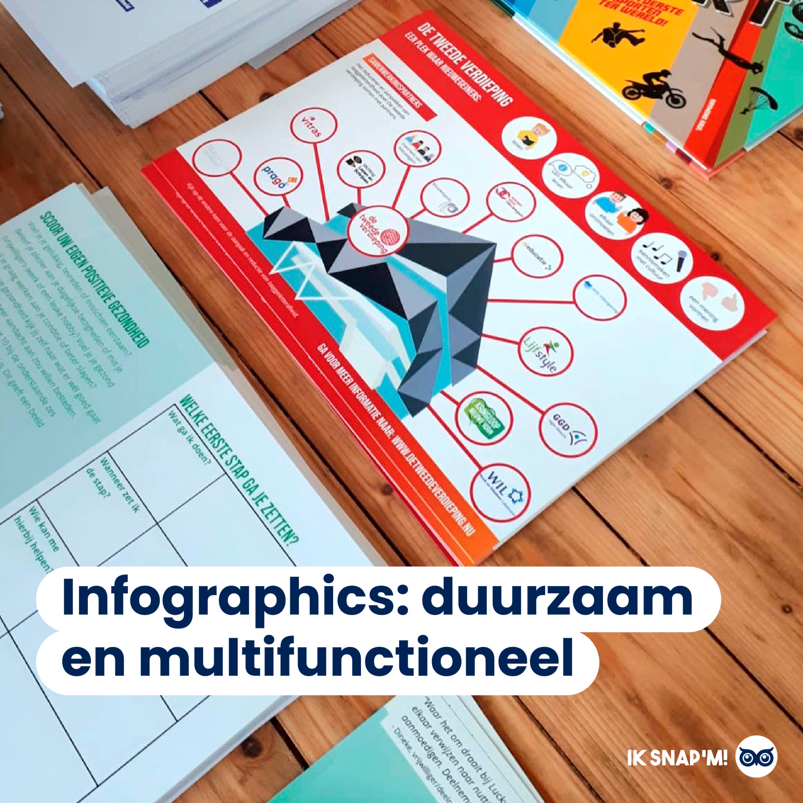 Tekst: Infographics duurzaam en multifunctioneel. Op de achtergrond een infographic gemaakt door Marieke