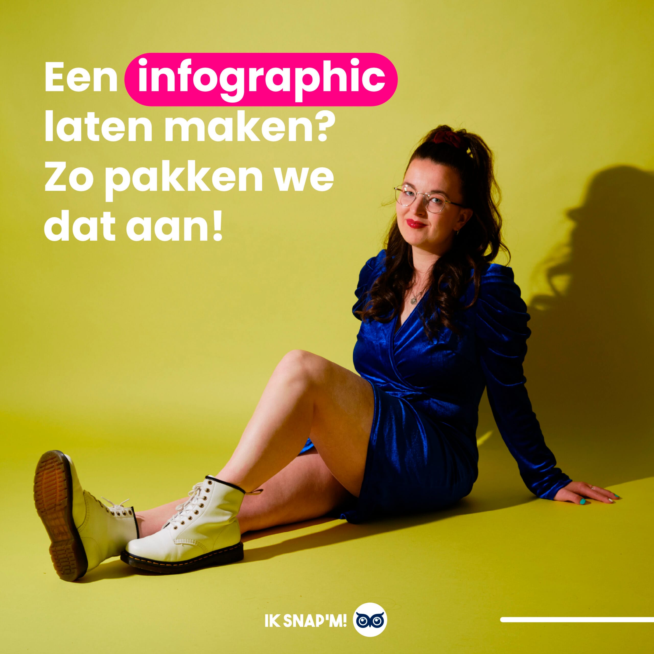 Tekst: een infographic maken? Zo pakken we dat aan. Op de achtergrond een foto van Marieke zittend tegen een gele muur.